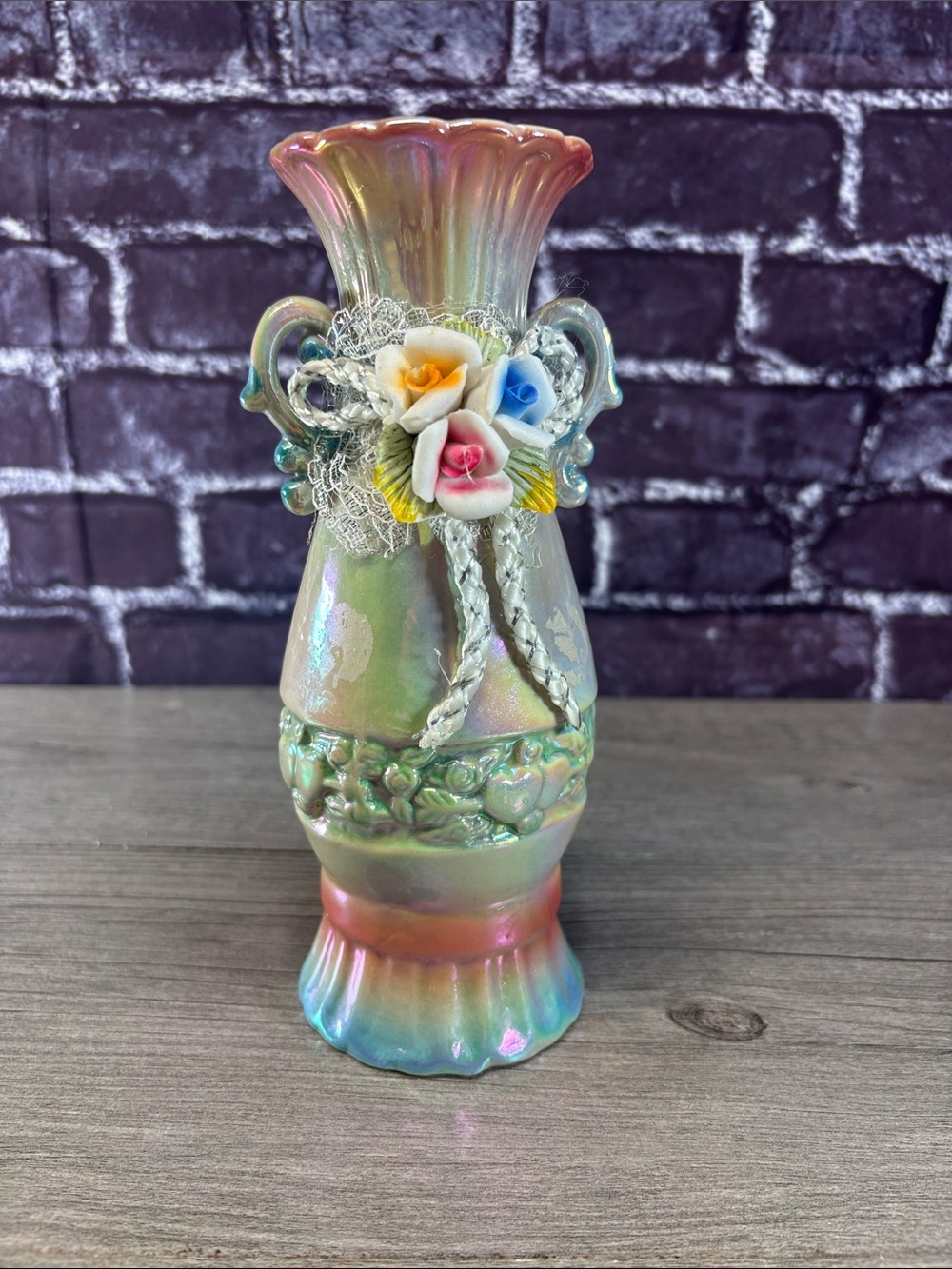 Vintage Lusterware Iridescent Multicolor Floral Accent Vase